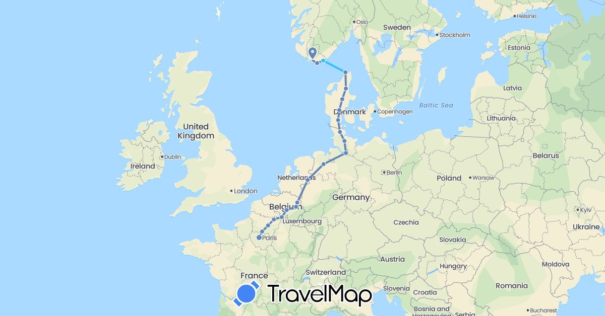 TravelMap itinerary: driving, cycling, boat in Belgium, Germany, Denmark, France, Netherlands, Norway (Europe)